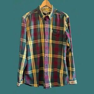 L.L.Bean Red/Green/Yellow Men Plaid Classic‎ Flannel Button Down Shirt-Size LT
